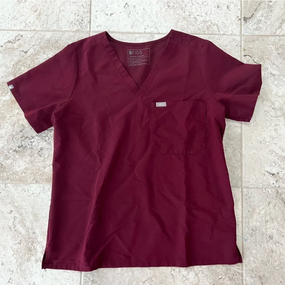 FIGS Women's Catarina One-Pocket Scrub Top in Burgundy (PO#: 1777), size Large